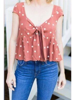 American Eagle Women's Polka Dot Tie Front Babydoll Top in Brown/Cream - Sz M